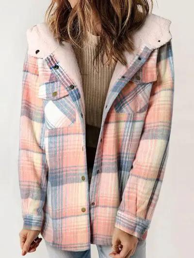 Plaid Snap Down Plush Hooded Jacket Women Warm