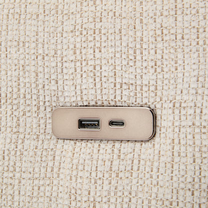 Sectional sofa beige woven upholstery close-up showing textured fabric and metal USB outlet on Tampa Home & Garden Store