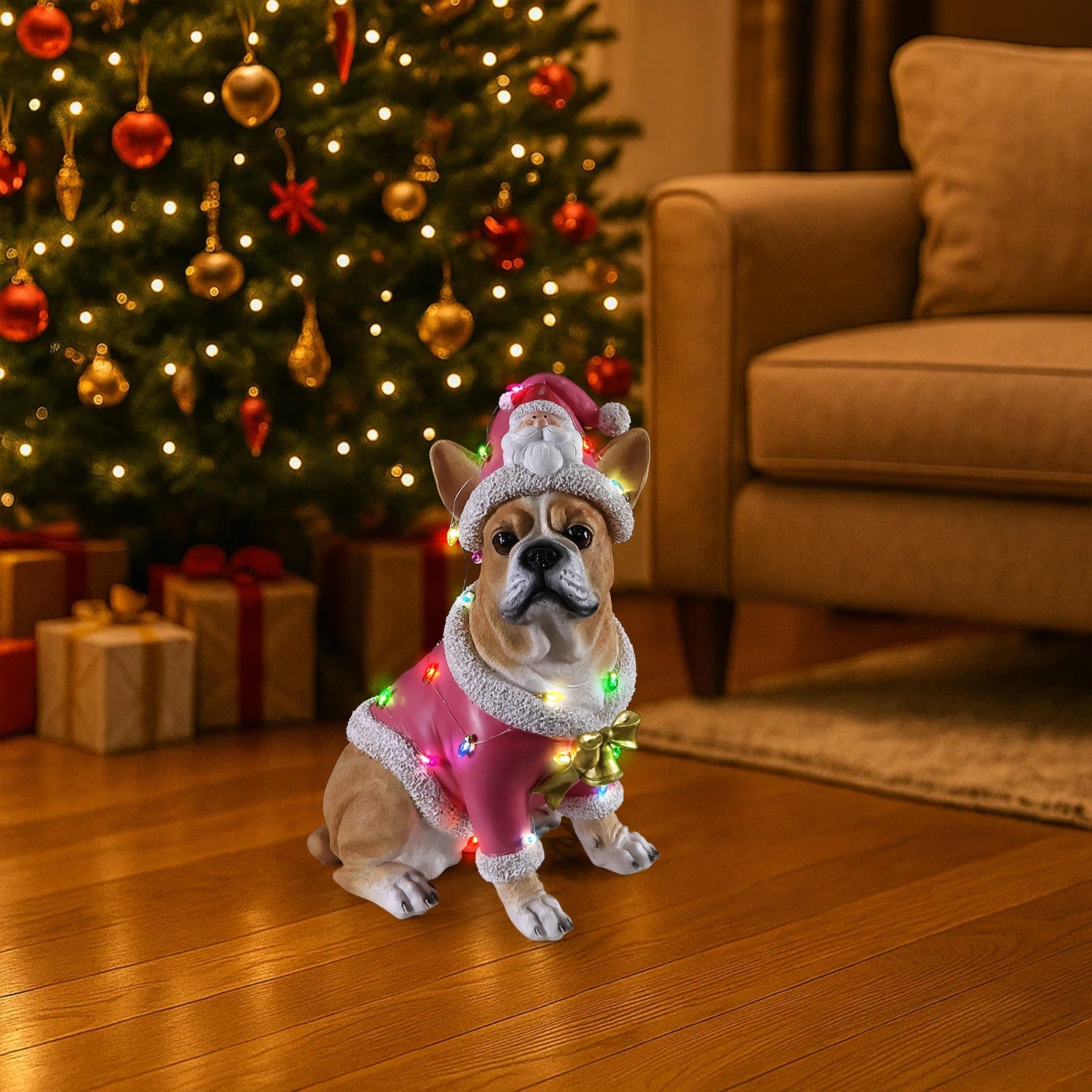 Christmas French Bulldog Statue pink Santa suit with white fur trim and lights HouseOfZazla on Tampa Home & Garden Store