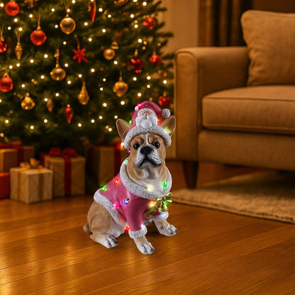 Christmas French Bulldog Statue pink Santa suit with white fur trim and lights HouseOfZazla on Tampa Home & Garden Store