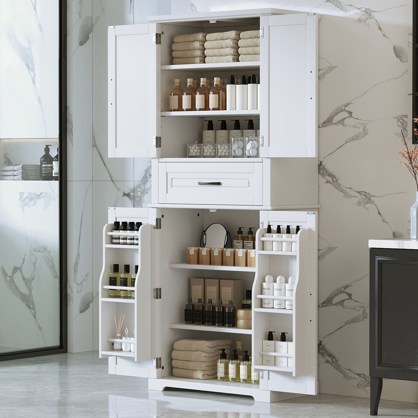 Linen cabinet HouseOfZazla in white with towels and bath products on open shelves on Tampa Home & Garden Store