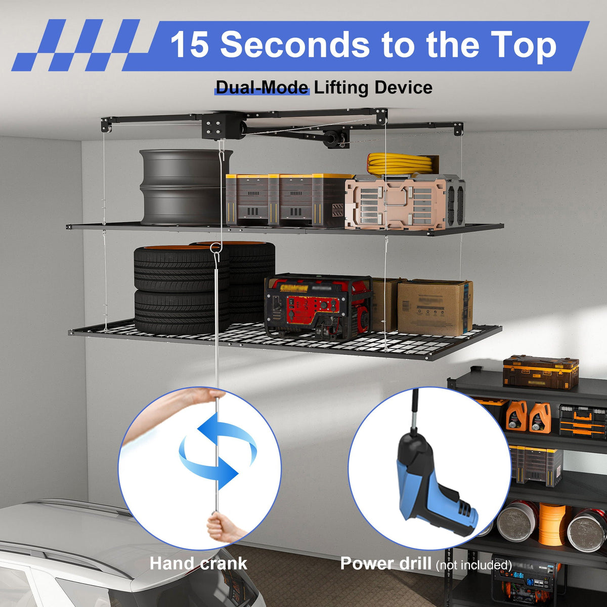 Overhead garage storage rack with crank system, black metal, ceiling-mounted, stores tires and crates on Tampa Home & Garden Store