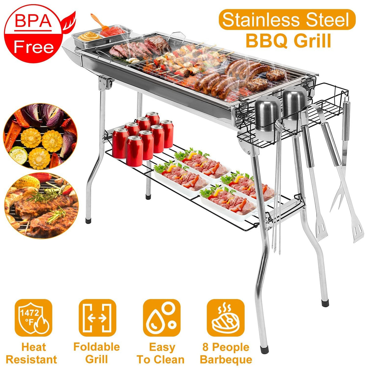 GemGear foldable stainless steel charcoal BBQ grill for picnic camping and backyard cooking on Tampa Home & Garden Store