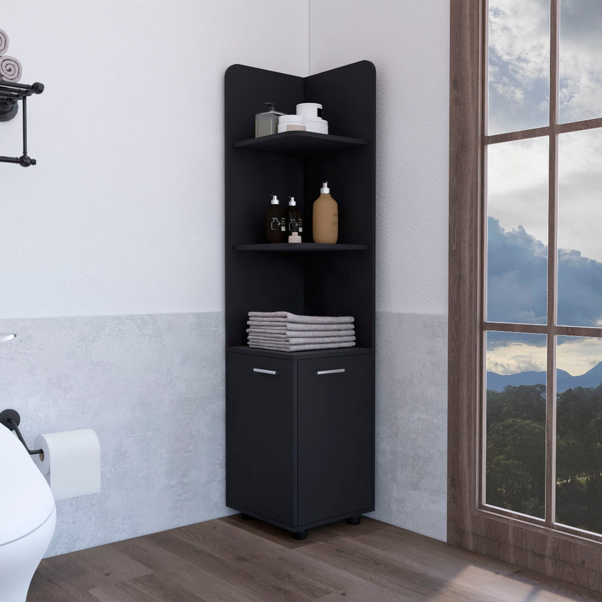 Tall black corner cabinet with 3-tier shelf and two doors, HouseOfZazla linen cabinet on Tampa Home & Garden Store