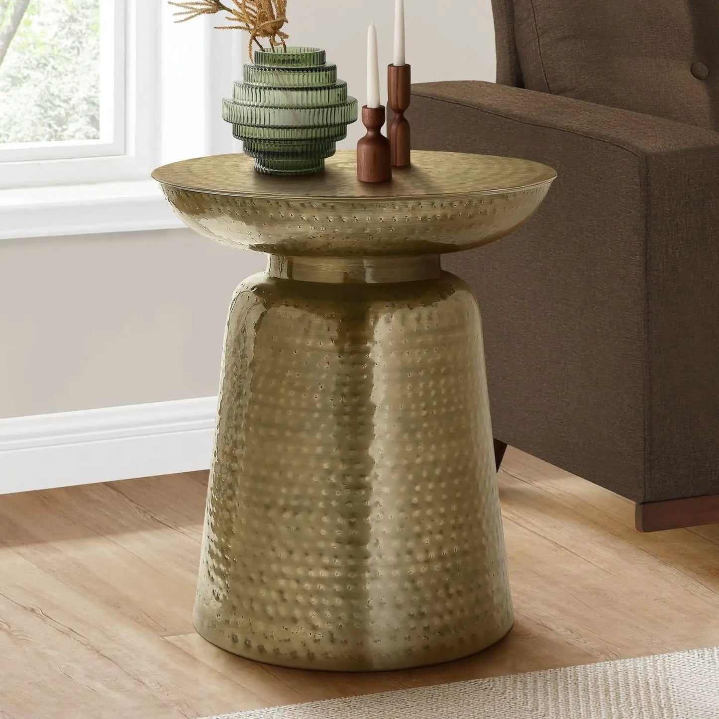 Drum Accent Side Table hammered texture with gold finish; round top on a tapered base on Tampa Home & Garden Store