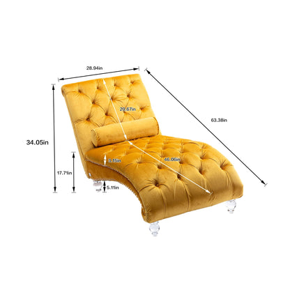 Velvet button tufted chaise lounge with pillow in yellow, clear acrylic legs by HouseOfZazla on Tampa Home & Garden Store