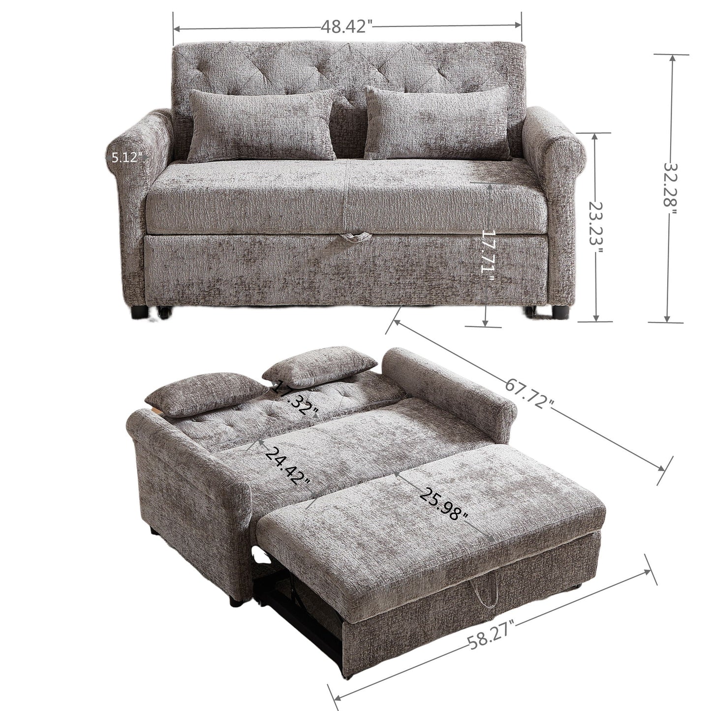 Loveseat Sofa Bed and Two Soft Throw Pillows