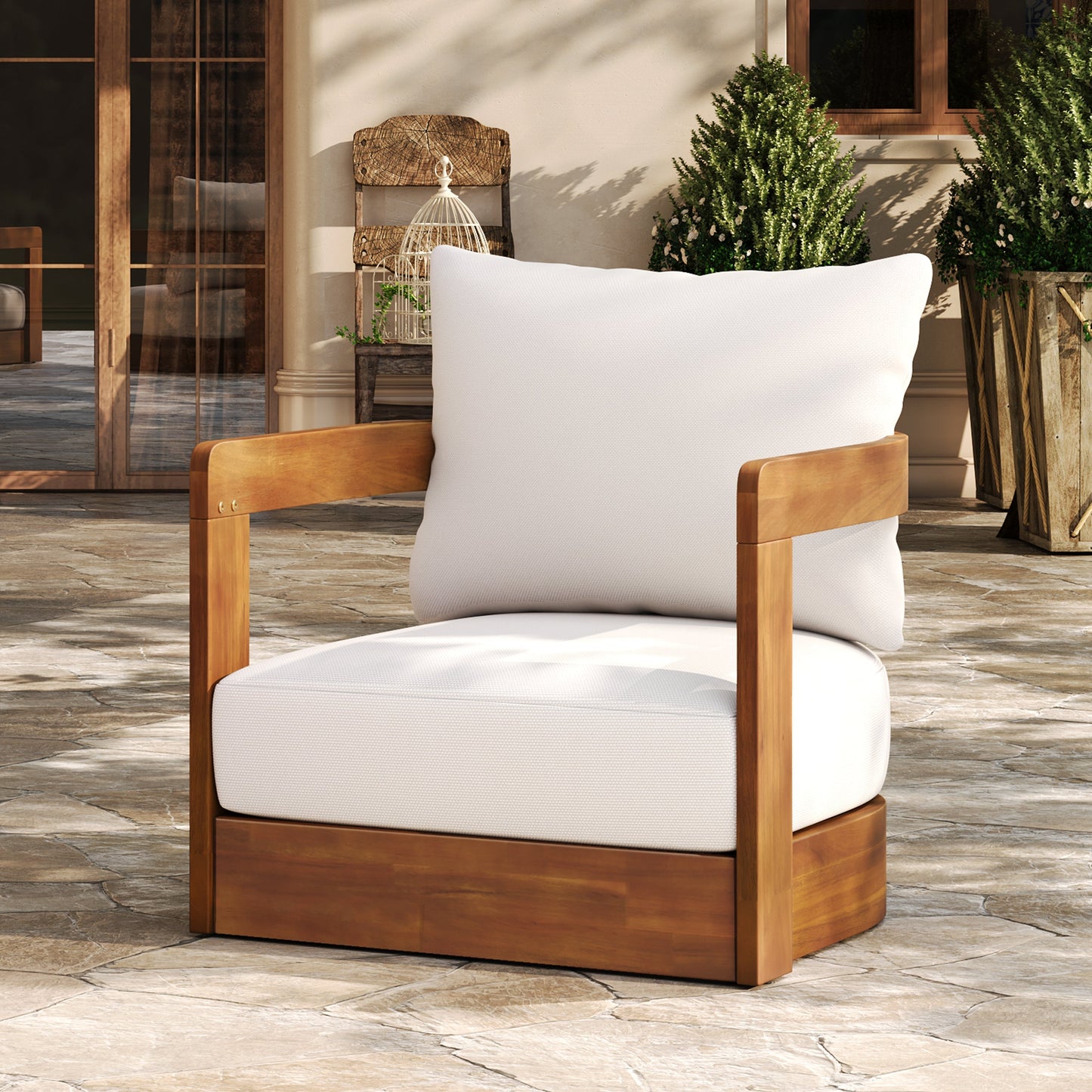 Premium Acacia Wood Outdoor Club Chair with white cushion by HouseOfZazla on Tampa Home & Garden Store