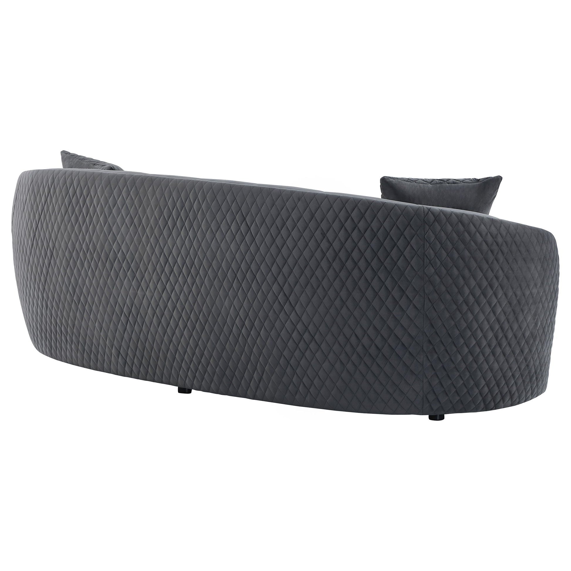 Luxe Upholstered Curved Sofa with Diamond Quilting, dark gray fabric, HouseOfZazla, 2 cushions on Tampa Home & Garden Store