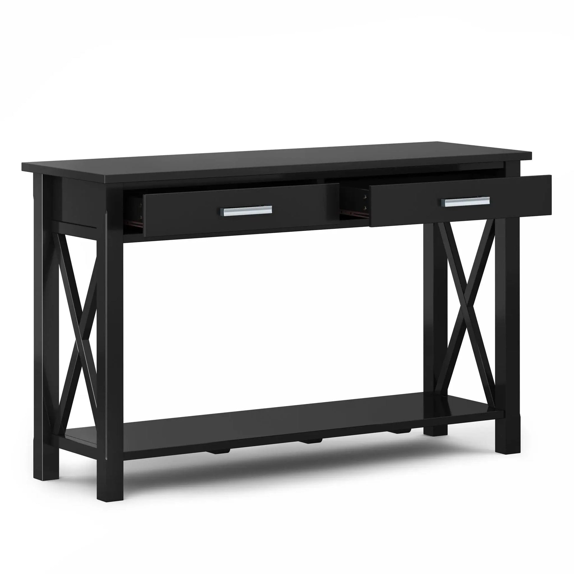 Kitchener Handcrafted Console Table with two drawers and X-brace legs in black on Tampa Home & Garden Store