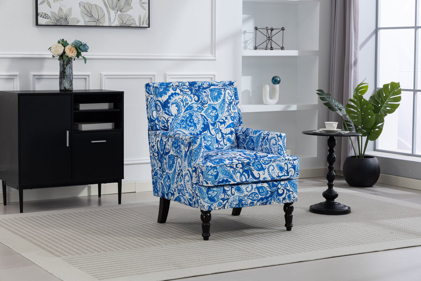 Accent Chair upholstered in blue and white porcelain print linen fabric by HouseOfZazla on Tampa Home & Garden Store