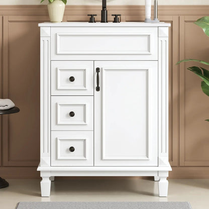 Bathroom vanity with sink, white compact cabinet with 2 drawers left and a right door, black hardware on Tampa Home & Garden Store