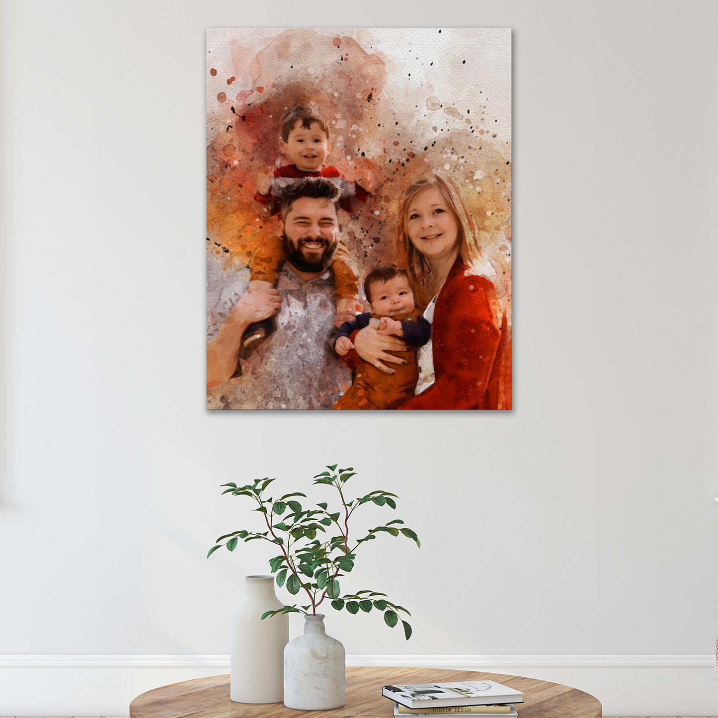 Family watercolor portrait canvas by Tailored Canvases in warm orange-red tones on Tampa Home & Garden Store
