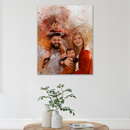 Family watercolor portrait canvas by Tailored Canvases in warm orange-red tones on Tampa Home & Garden Store