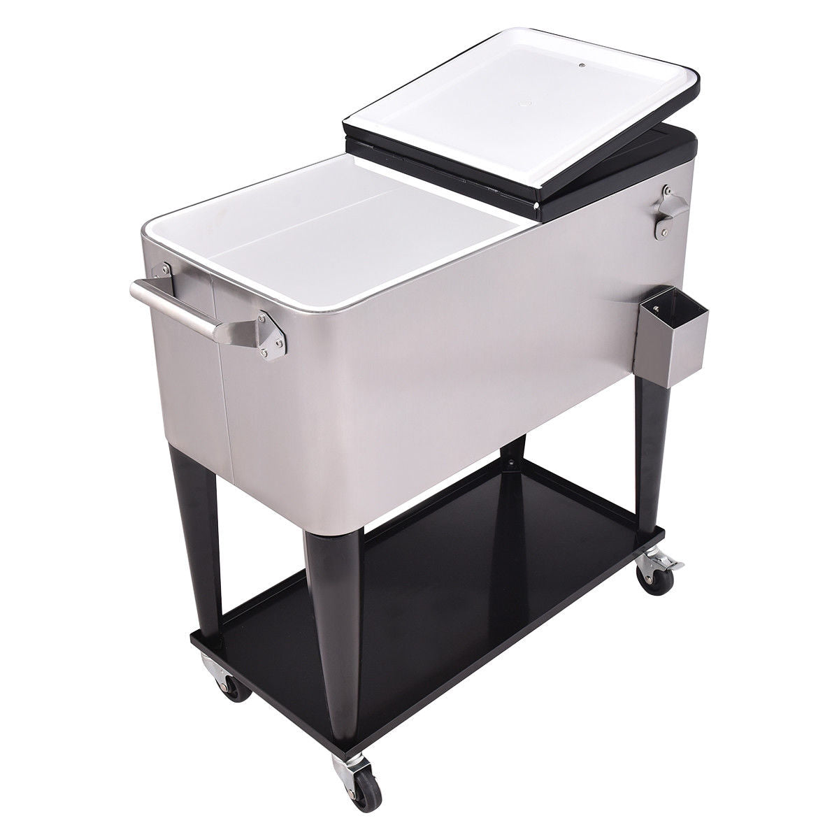 GemGear 80 Quart Patio Rolling Stainless Steel Ice Beverage Cooler on wheeled black cart on Tampa Home & Garden Store