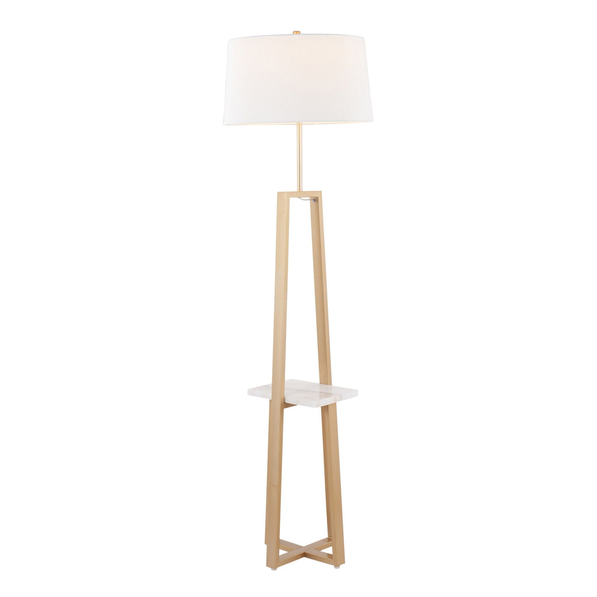 Cosmo floor lamp with white drum shade, gold stem, wood legs and shelf by HouseOfZazla on Tampa Home & Garden Store