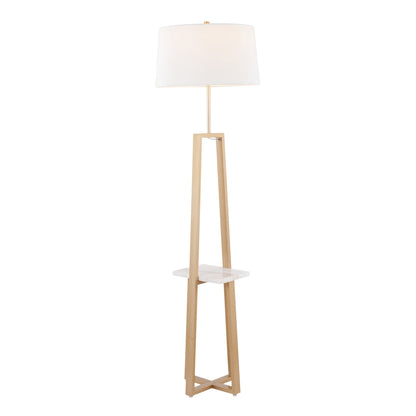 Cosmo floor lamp with white drum shade, gold stem, wood legs and shelf by HouseOfZazla on Tampa Home & Garden Store
