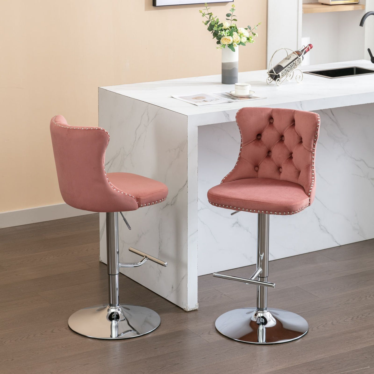 Pink tufted swivel barstools, adjustable height, chrome pedestal bases, set of 2 HouseOfZazla on Tampa Home & Garden Store