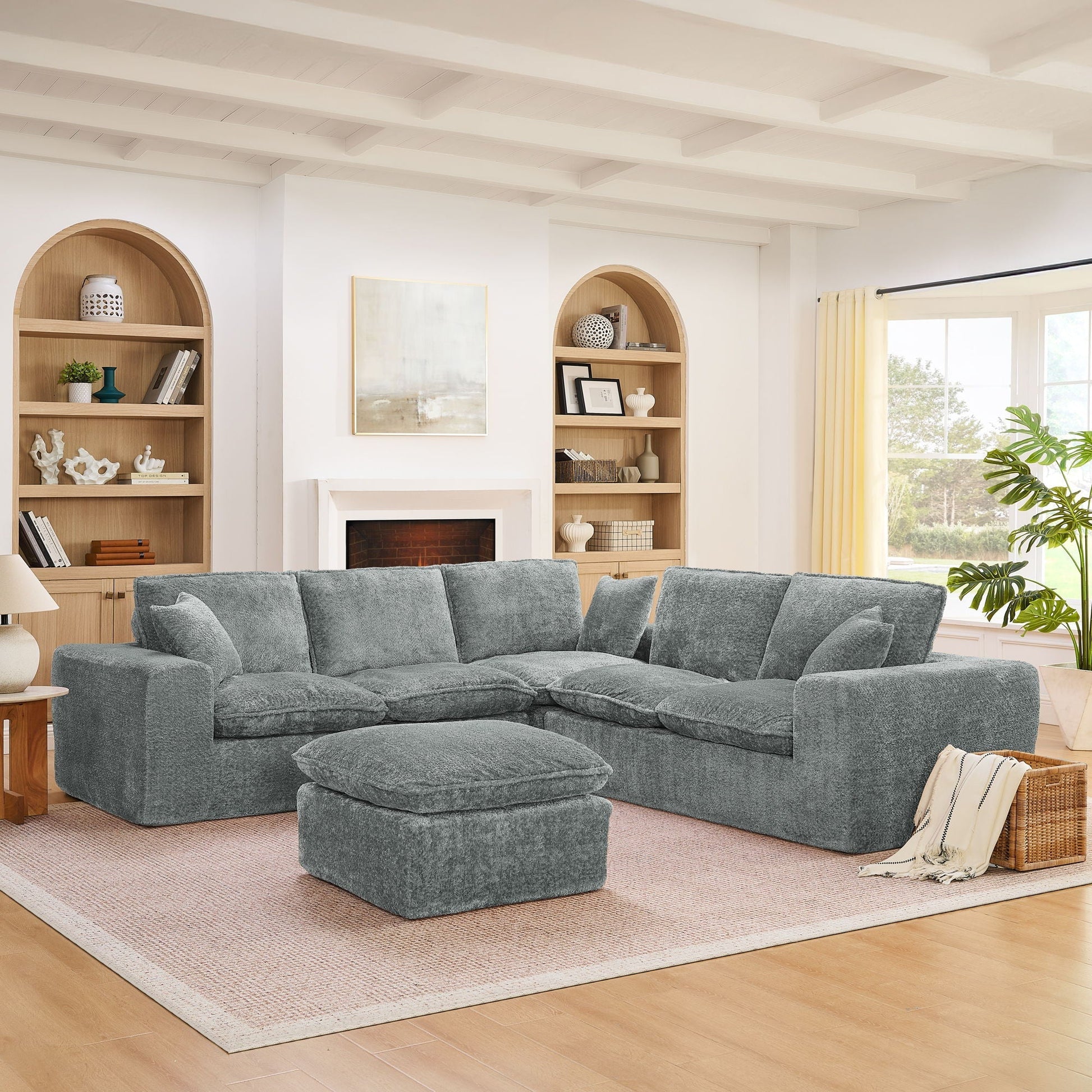 Sectional sofa with moveable ottoman in blue-gray fabric, 3-piece living set HouseOfZazla on Tampa Home & Garden Store