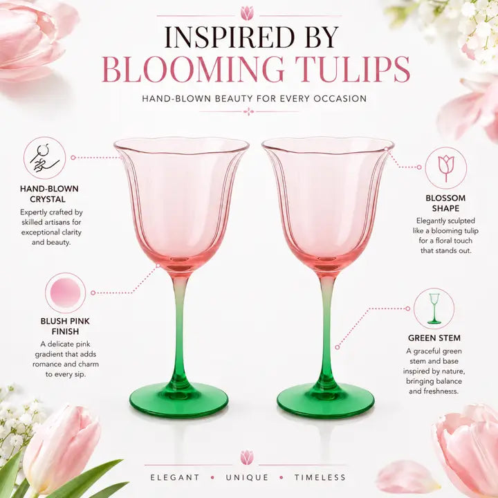 The Crystal Hand Blown Pink Tulip Wine Glasses