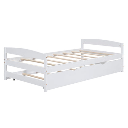 Platform bed with trundle in white finish by HouseOfZazla, wood slat base on Tampa Home & Garden Store
