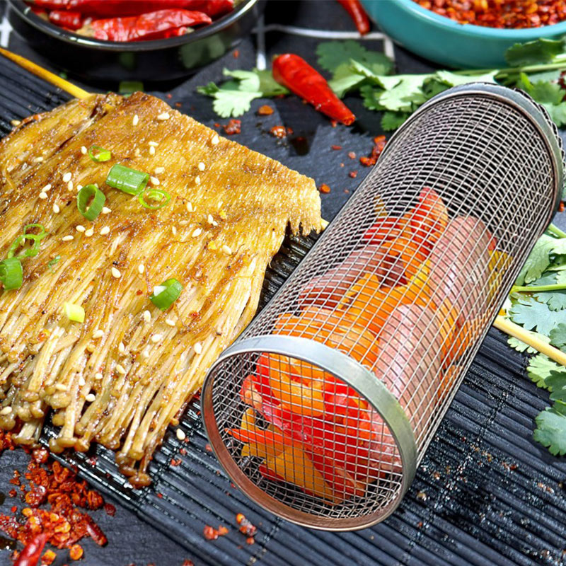 Rolling grilling basket metal BBQ net, cylindrical stainless steel, portable camping rack on Tampa Home & Garden Store