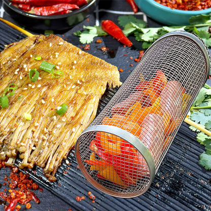 Rolling grilling basket metal BBQ net, cylindrical stainless steel, portable camping rack on Tampa Home & Garden Store