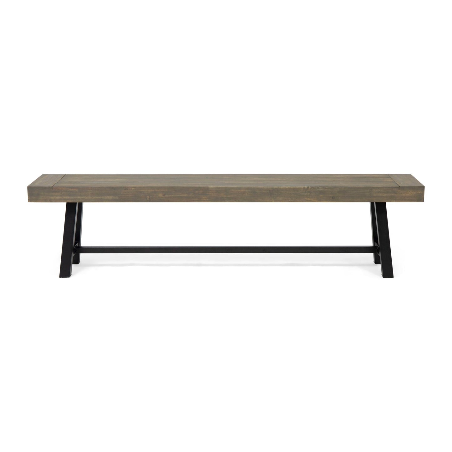 Outdoor Patio Bench gray rustic metal with wood slat top and black legs by HouseOfZazla on Tampa Home & Garden Store