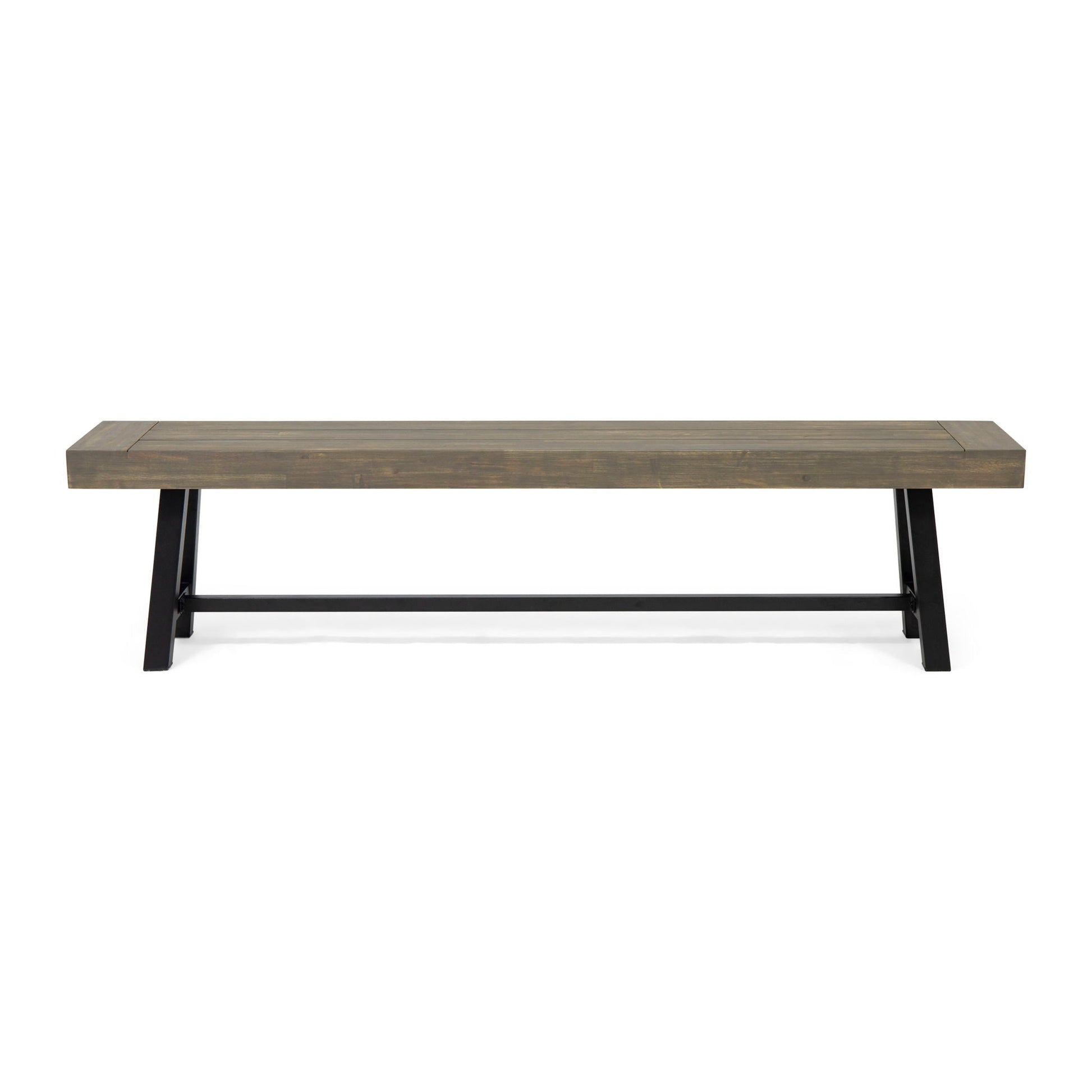 Outdoor Patio Bench gray rustic metal with wood slat top and black legs by HouseOfZazla on Tampa Home & Garden Store