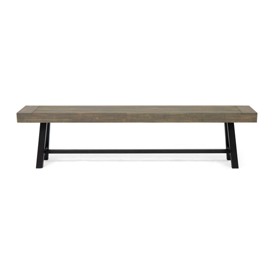 Outdoor Patio Bench gray rustic metal with wood slat top and black legs by HouseOfZazla on Tampa Home & Garden Store