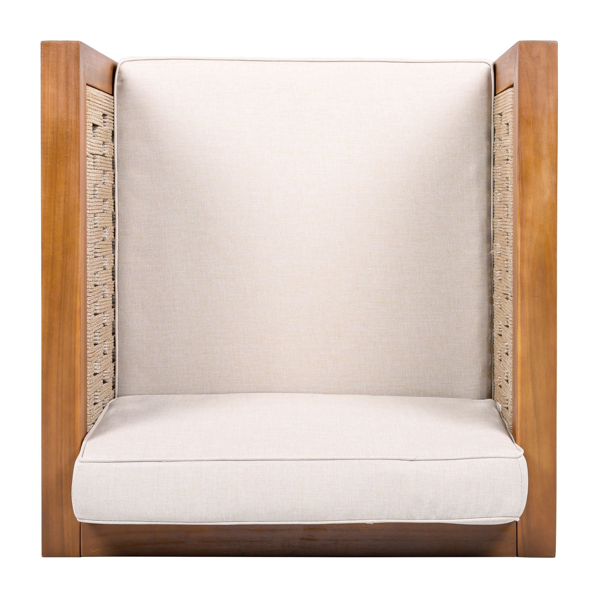 Outdoor Club Chair by HouseOfZazla with rope-arm detailing and beige cushions on Tampa Home & Garden Store