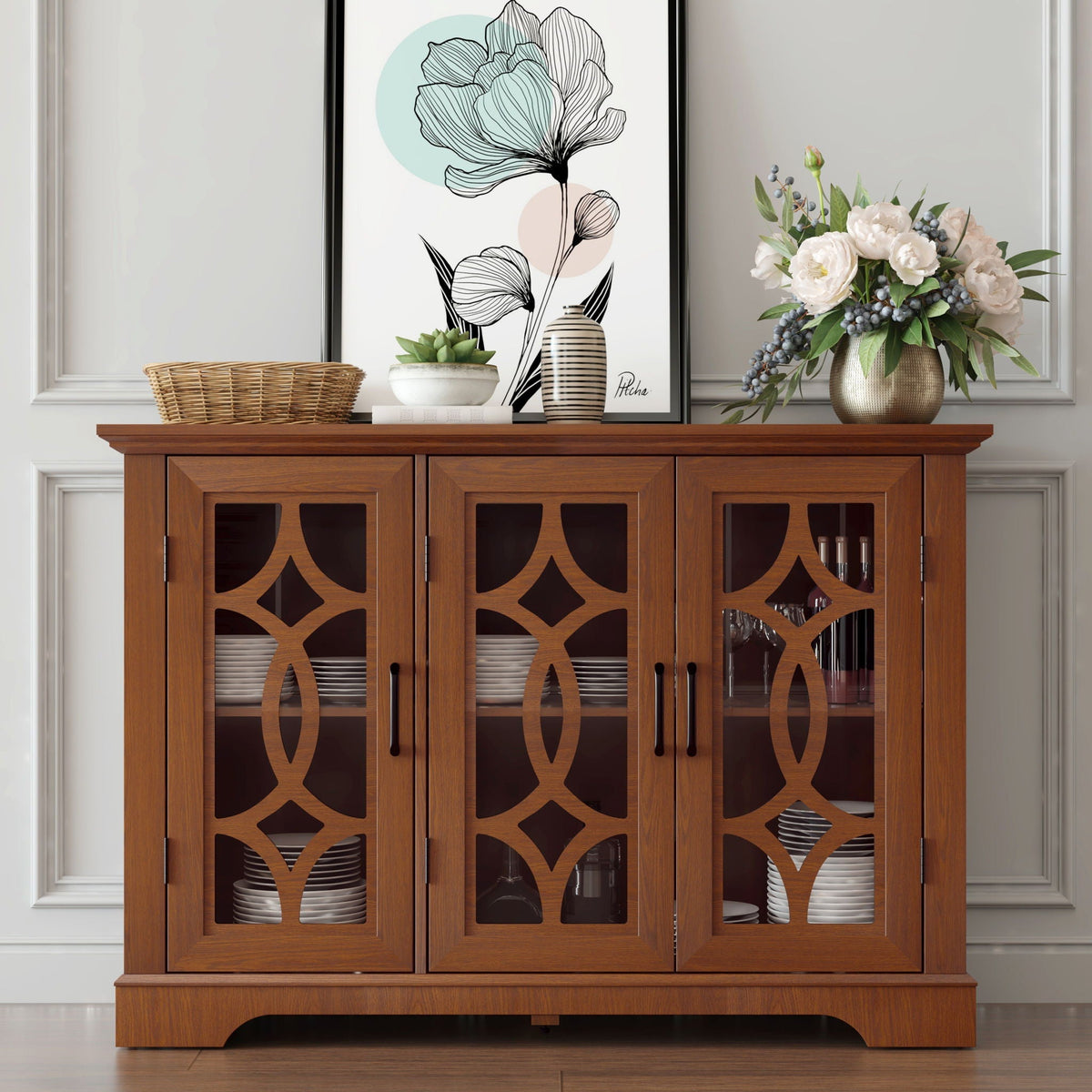 Modern dark oak sideboard with glass doors and geometric lattice panels on Tampa Home & Garden Store