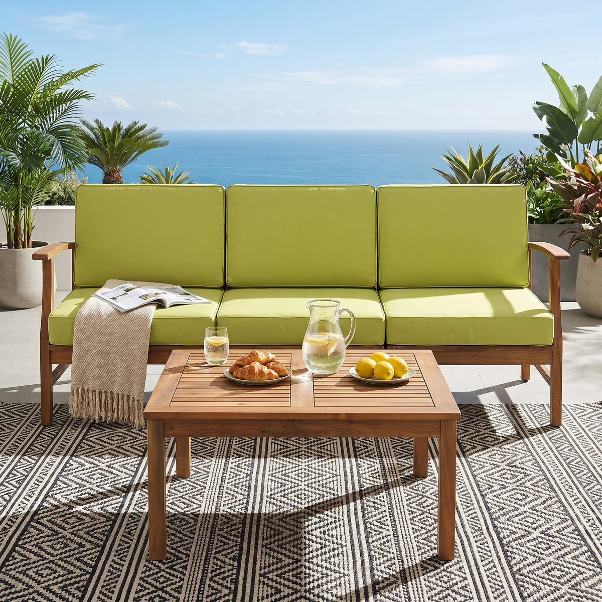 Perla Acacia Wood Outdoor Sofa and Table Set with lime cushions on Tampa Home & Garden Store