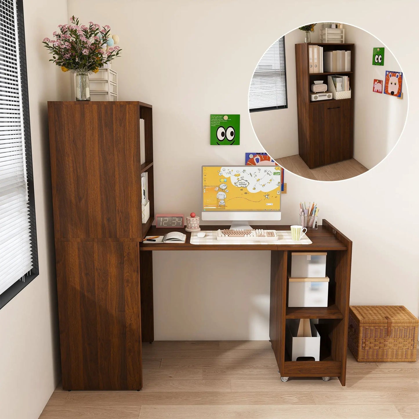 Stretchable Office Desk with Shelves and Wheels