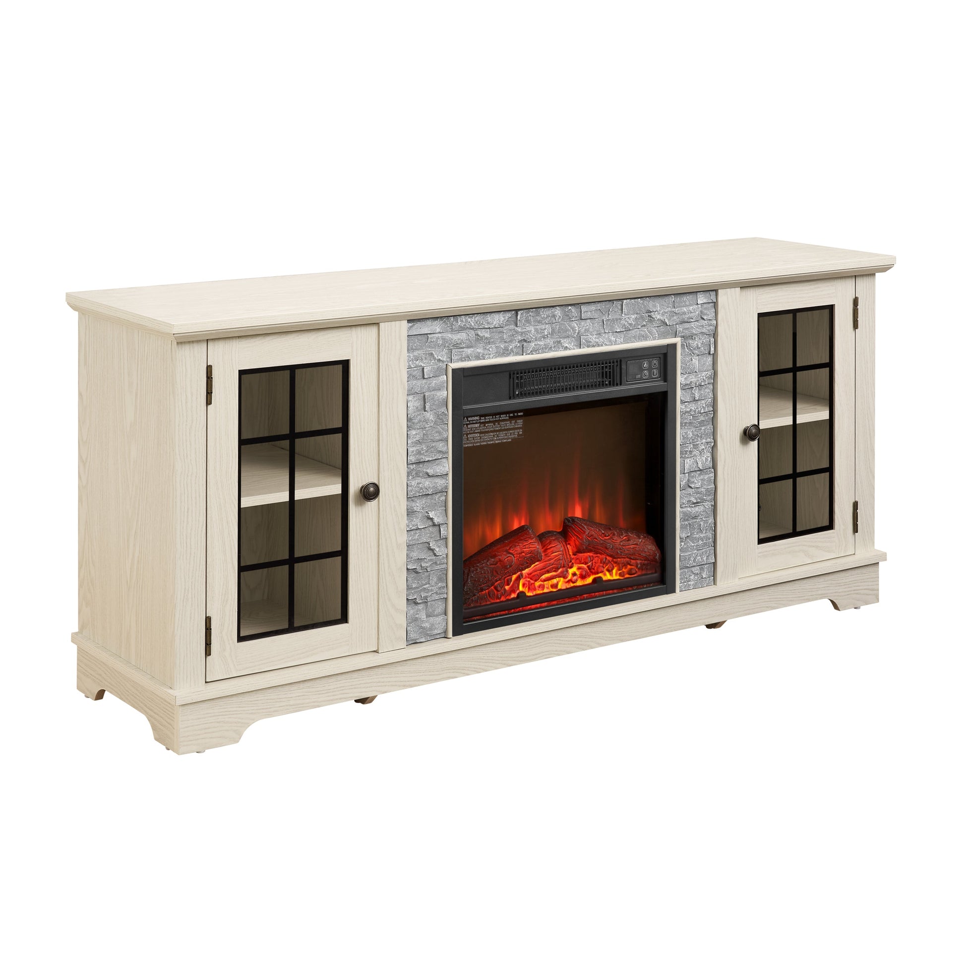 58in Modern TV Stand with Electric Fireplace in light oak finish stone surround glass doors on Tampa Home & Garden Store