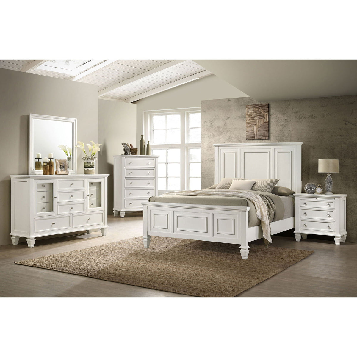 White Queen Panel Bed with structured headboard and slatted design, with matching dressers on Tampa Home & Garden Store