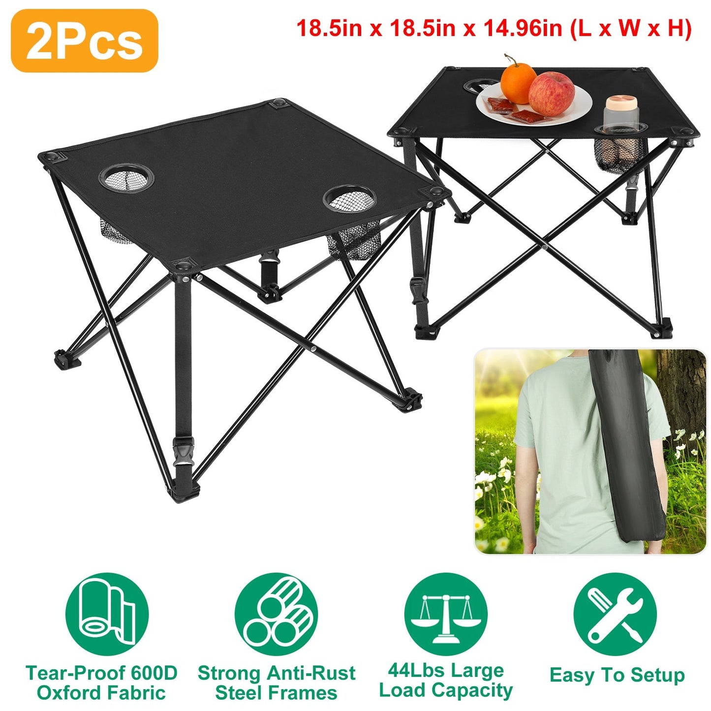 GemGear 2-piece foldable camping table set with 2 cup holders, black portable picnic desk on Tampa Home & Garden Store