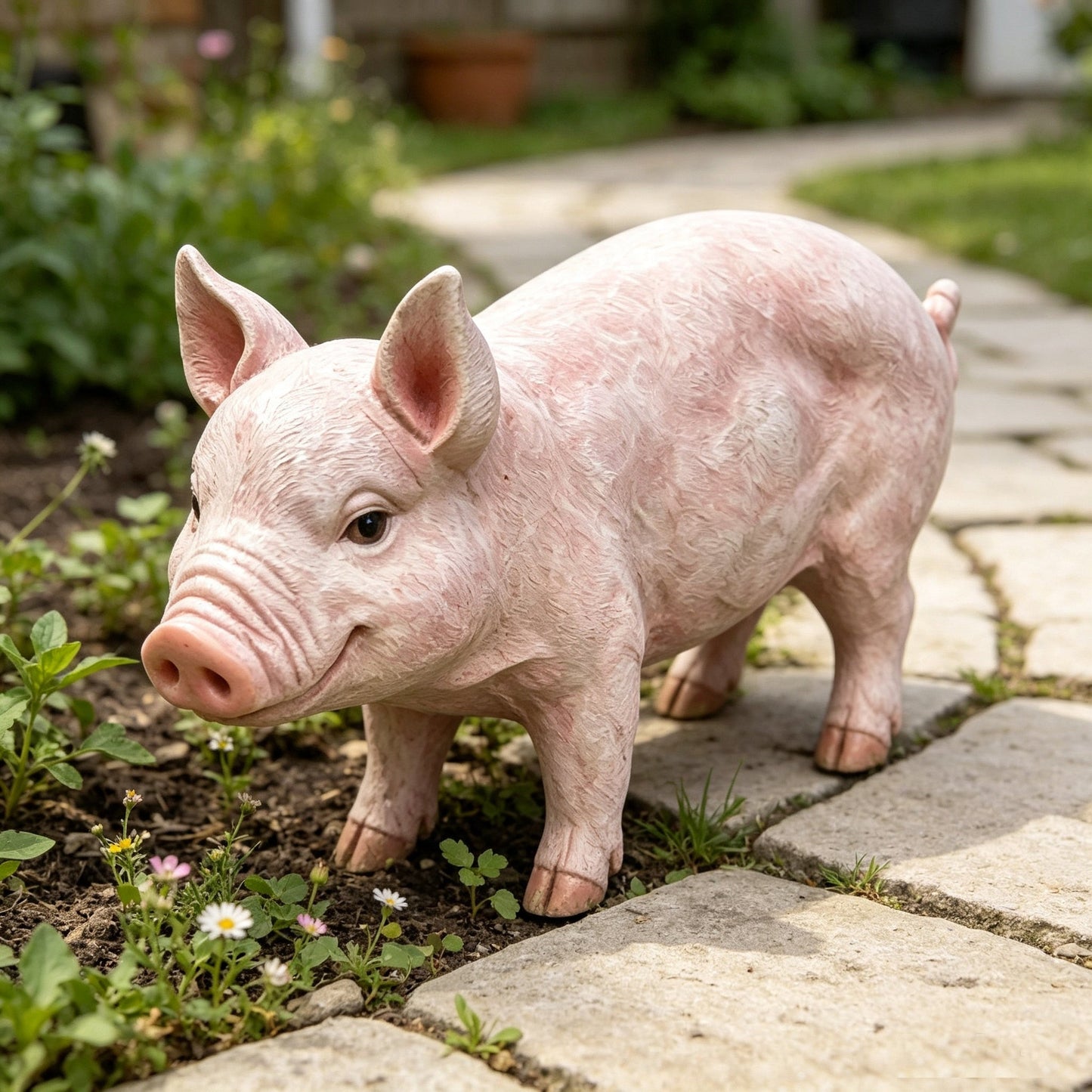 Cheerful beige pig garden statue by HouseOfZazla with textured finish in garden path on Tampa Home & Garden Store