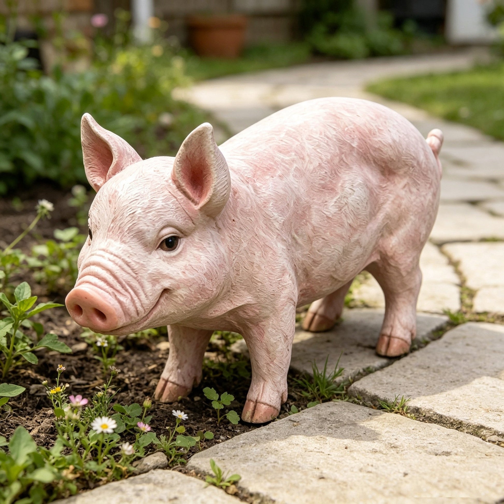 Cheerful beige pig garden statue by HouseOfZazla with textured finish in garden path on Tampa Home & Garden Store