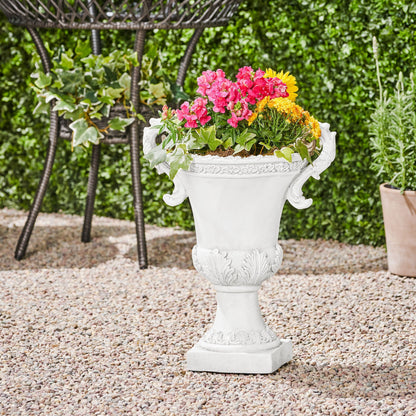 Roman Style MGO Garden Urn Planter in white with ornate detailing and flowers on Tampa Home & Garden Store
