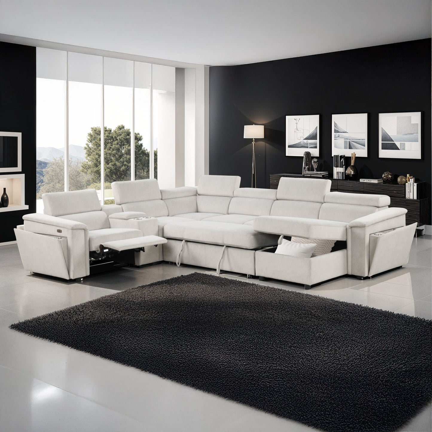 Harvey power reclining sleeper sectional in white upholstery by HouseOfZazla, modern living room with black accent wall on Tampa Home & Garden Store