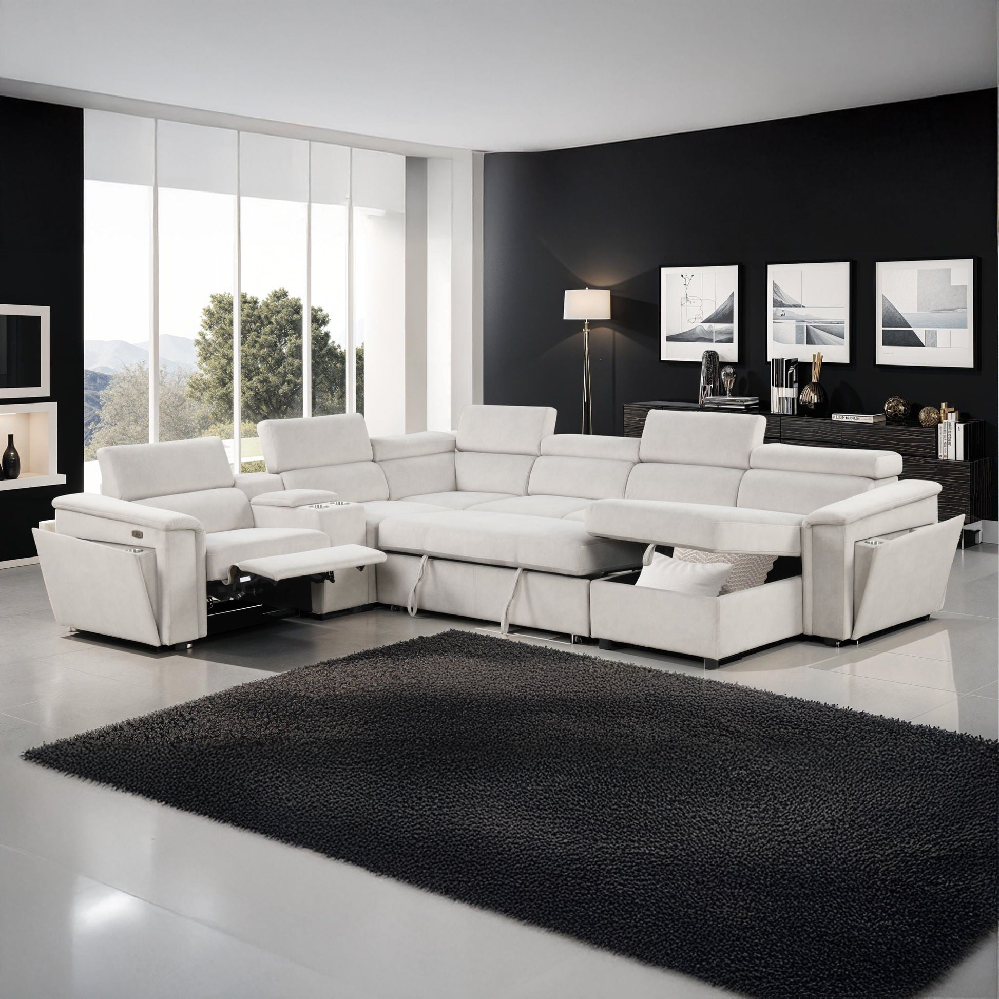 Harvey power reclining sleeper sectional in white upholstery by HouseOfZazla, modern living room with black accent wall on Tampa Home & Garden Store