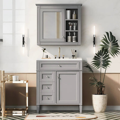 Gray bathroom vanity with medicine cabinet and open shelving, 2 soft-closing doors and 4 drawers on Tampa Home & Garden Store