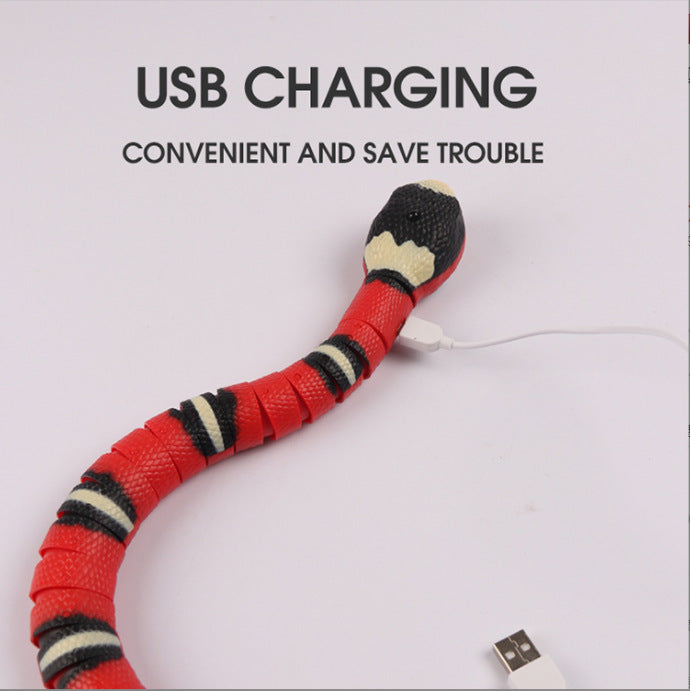 Interactive snake cat toy, red segmented body with black cream stripes, USB charging on Tampa Home & Garden Store