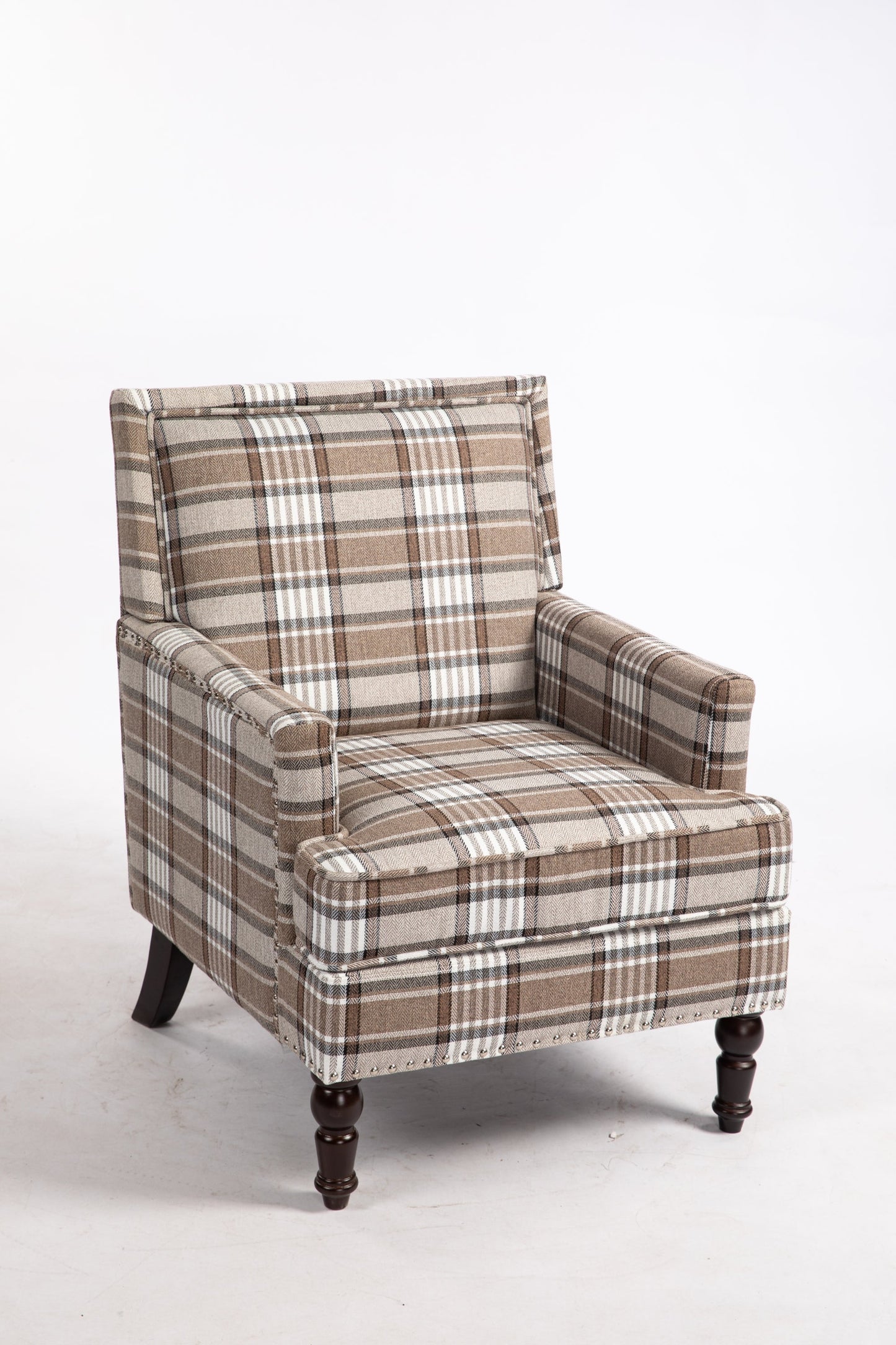 Upholstered accent chair in brown plaid linen with nailhead trim and dark turned legs on Tampa Home & Garden Store