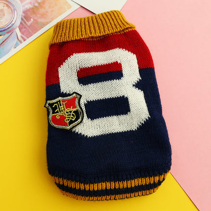 Bowknot Dog Clothes Cat Costume Hollow Knit Sweater white 8 on red blocks mustard collar on Tampa Home & Garden Store