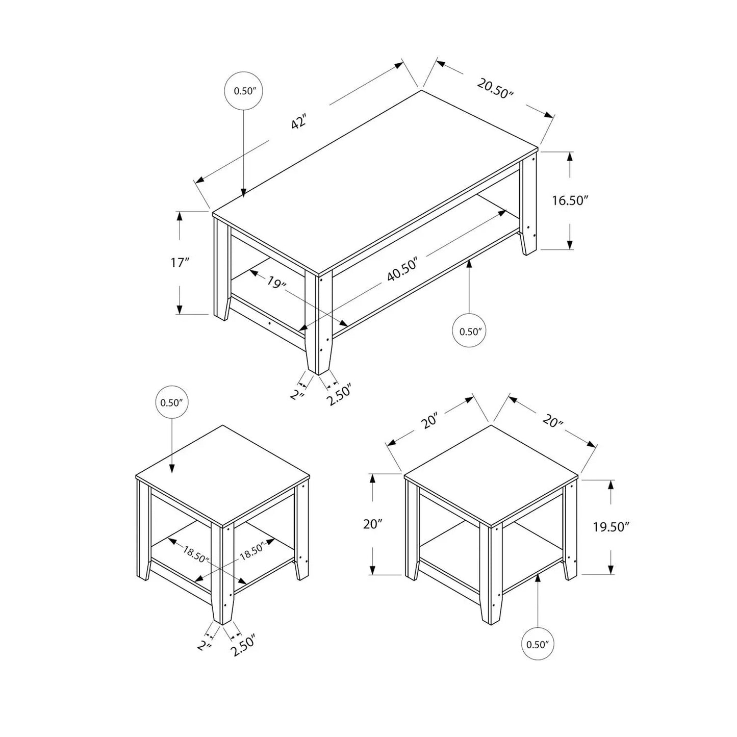 Table Set (coffee & end tables) shown in a dimensional blueprint diagram with measurements on Tampa Home & Garden Store