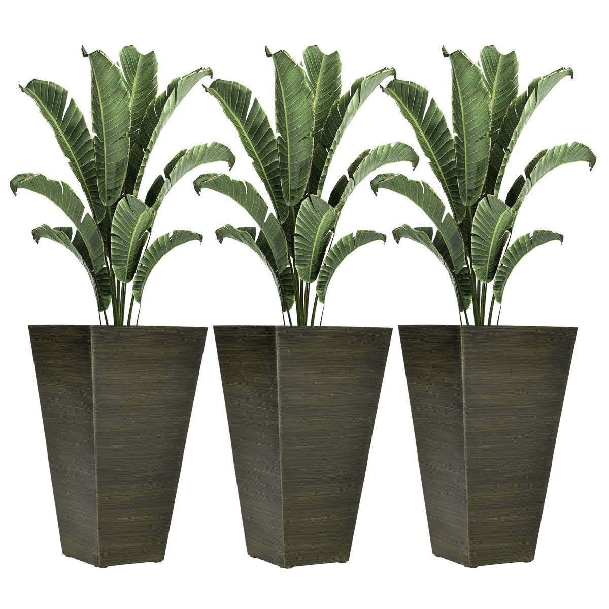 Outsunny 28in tall outdoor planters set of 3 in dark wood finish with banana plant foliage on Tampa Home & Garden Store