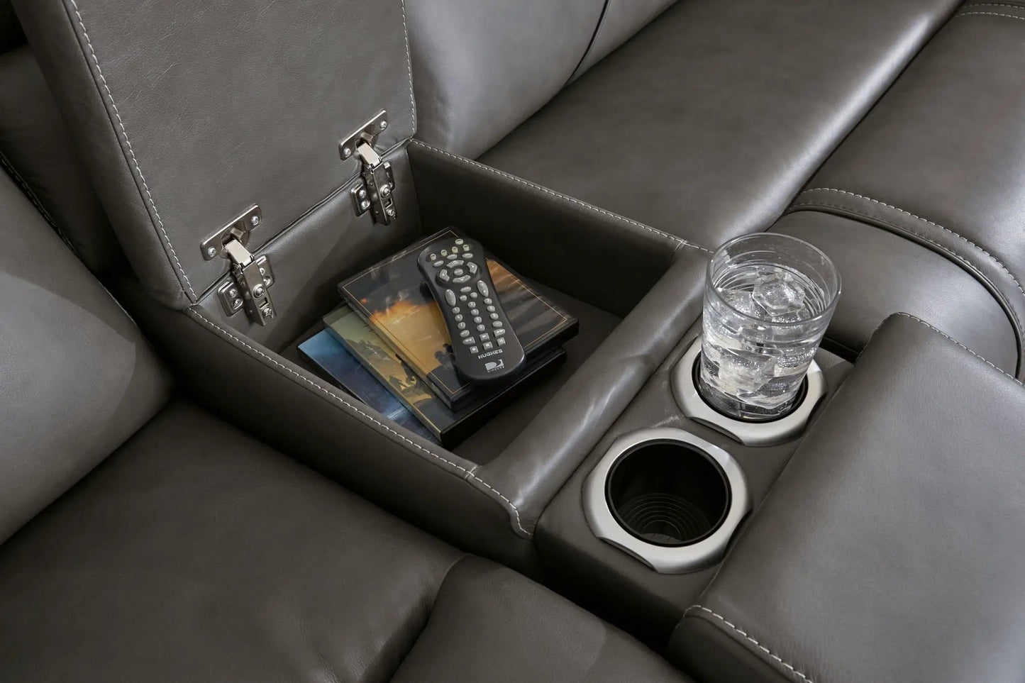 5Z Pittson Power Reclining Sectional in dark gray leather with cup holders and remote on Tampa Home & Garden Store
