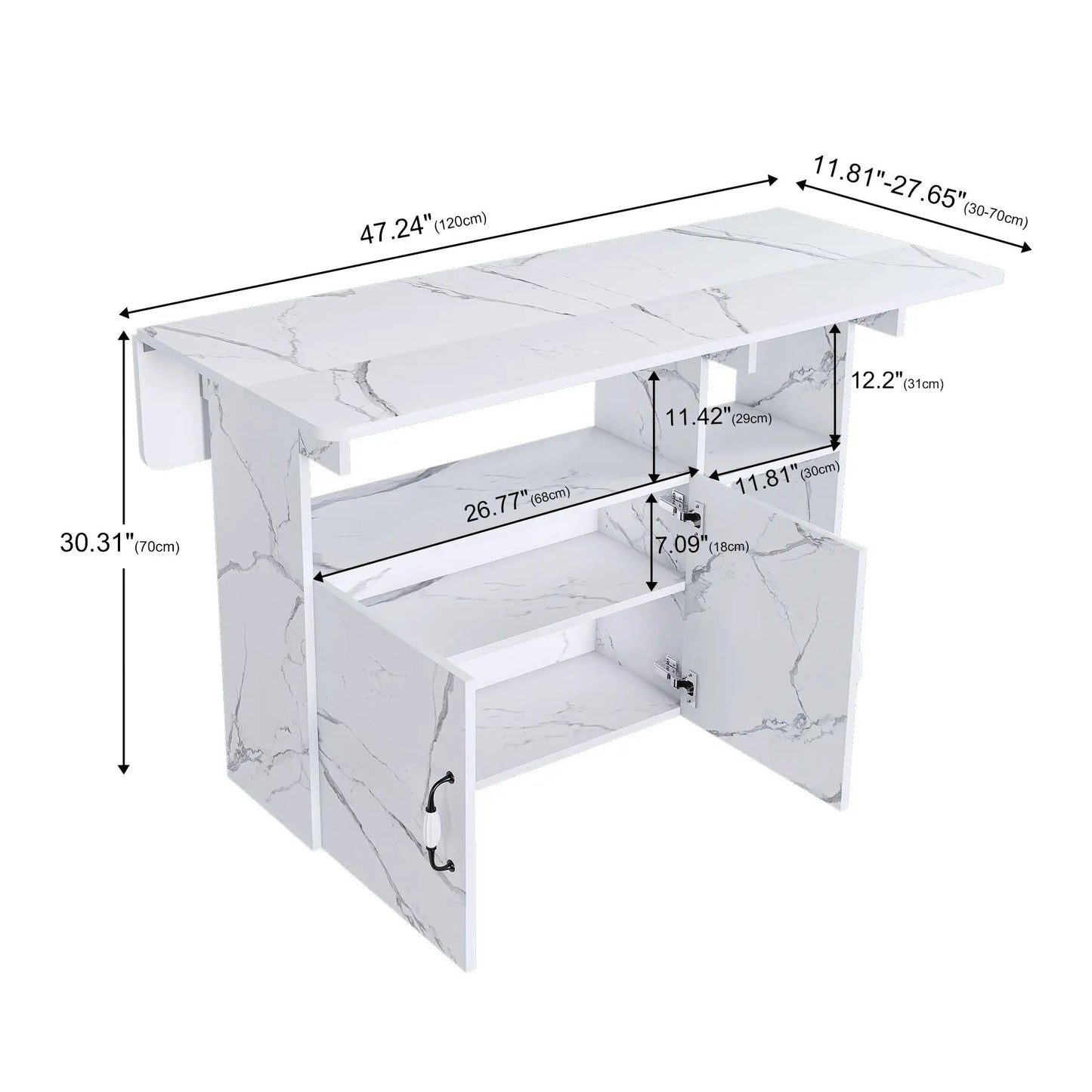 Marble-top folding island with white frame, shelves and wheels by Unique Piece Furniture on Tampa Home & Garden Store